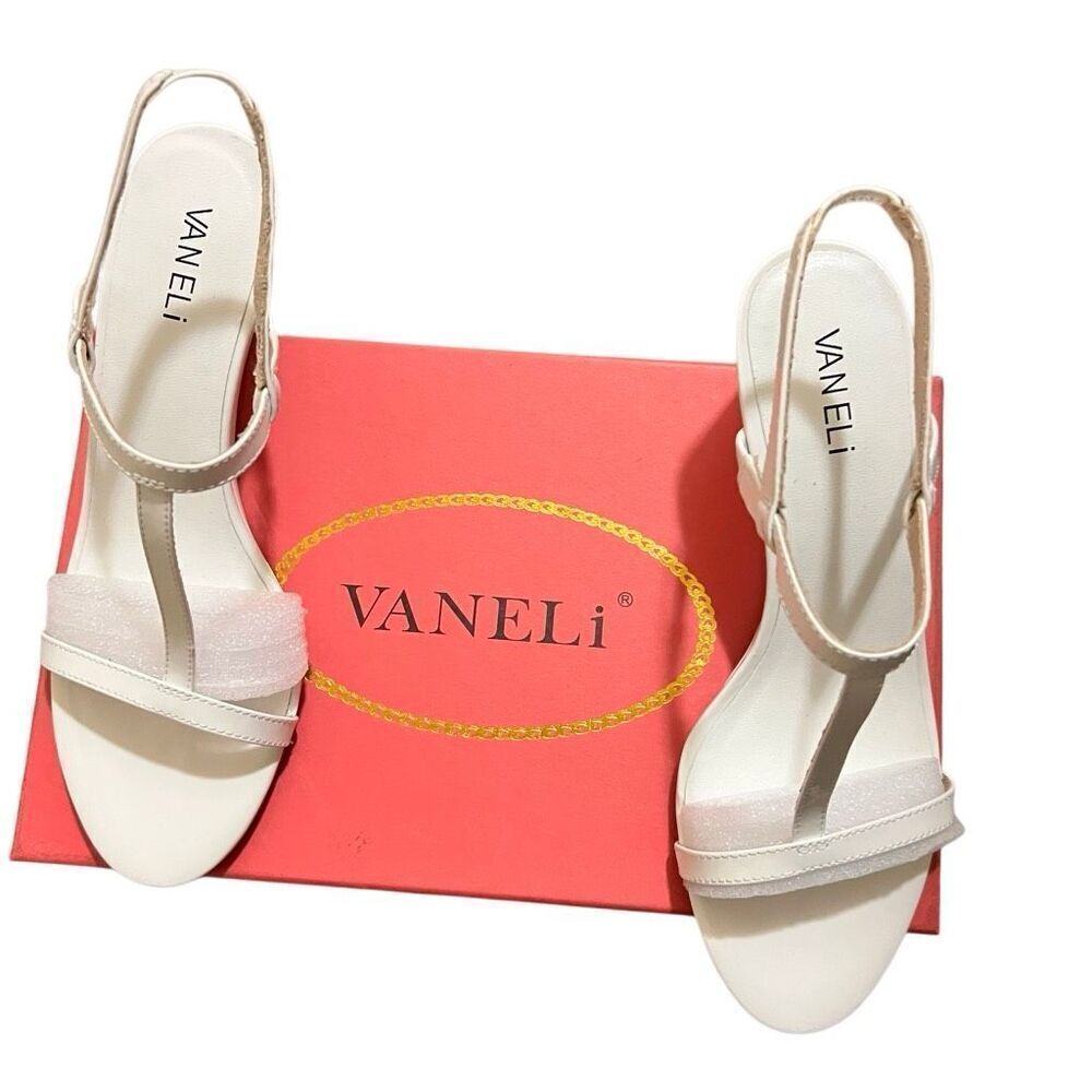 NIB Vaneli White Mohan Patent Leather Low Heel Elegant T-Strap Wedge Sandal 8.5